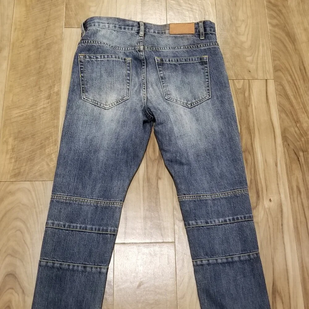 Crysp Denim Men Moto Biker Jeans Size 30 Blue Cotton Ribbed Pleated Panel Slim